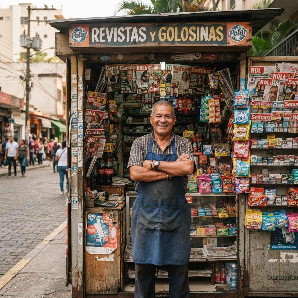 Comerciante sonriendo en la puerta de su kiosco de revistas y golosinas